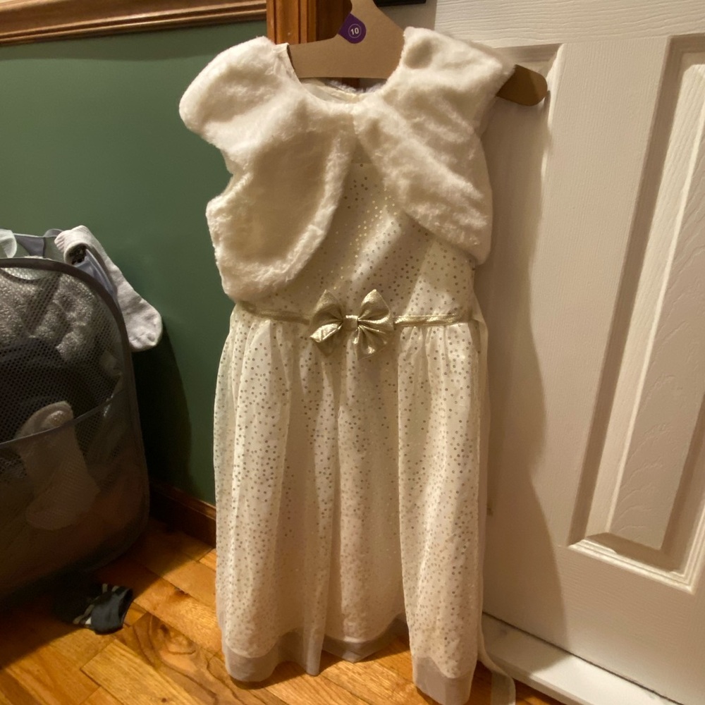 Jona Michelle Ivory Sequin Tulle Dress with Faux Fur Bolero shrug top